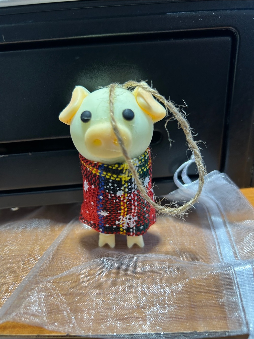 PIG IN THE BLANKET - Small Decorative Hanging Toy in Cream with Red Plaid Coat